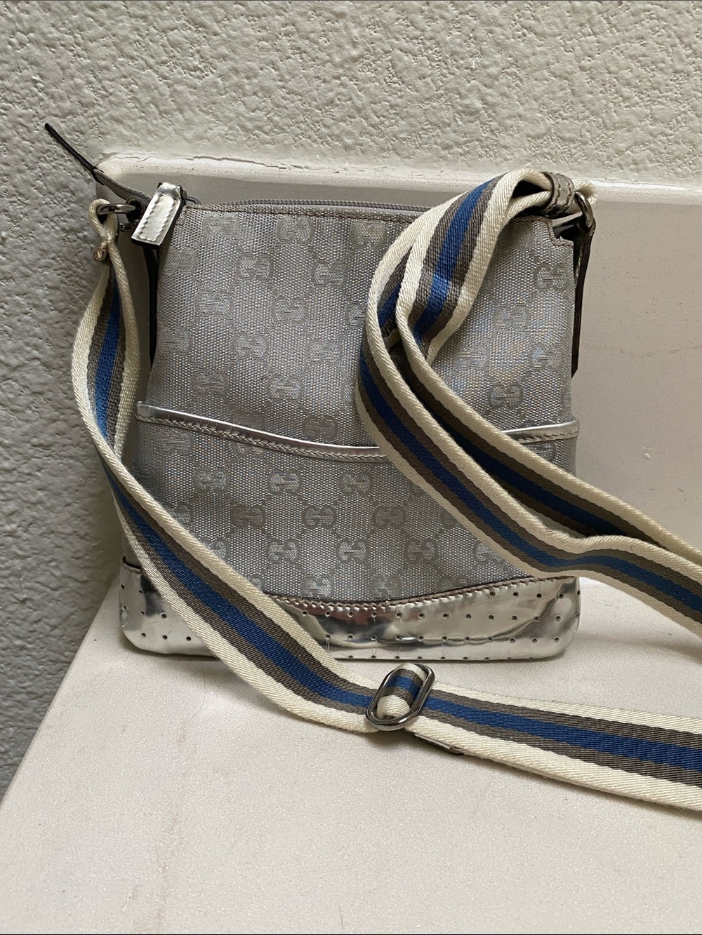 Gucci Silver Monogram Crossbody with Striped Web Strap